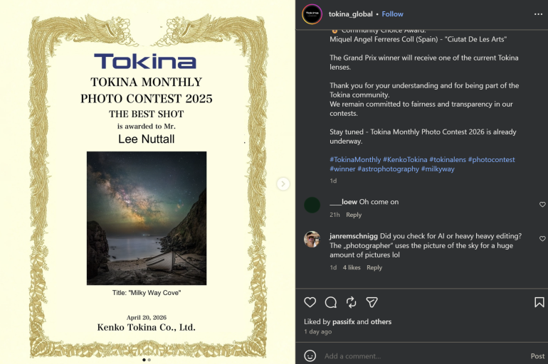 Certificate for Best Shot awarded to Lee Nuttall, with a photo of the Milky Way over a cove and contest details.