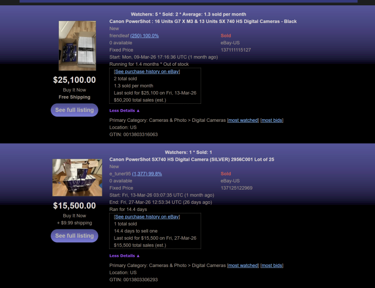 Screenshot of eBay listings for Canon digital cameras, showing prices, listings details, and photos.