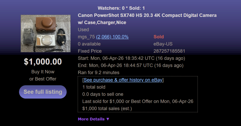 Screenshot of a sold Canon PowerShot SX740 HS camera listing on eBay for $1,000 with accessories shown.