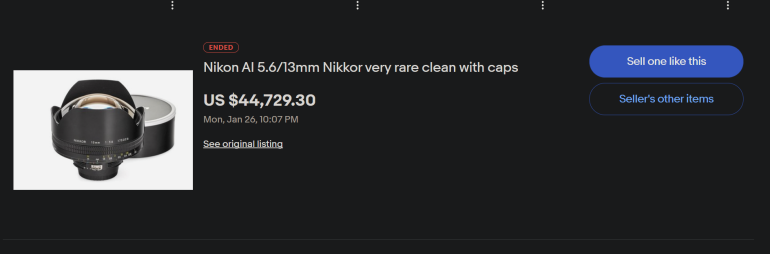 A Nikon AI 5.6/13mm Nikkor lens with caps is listed for sale at $44,729.30.