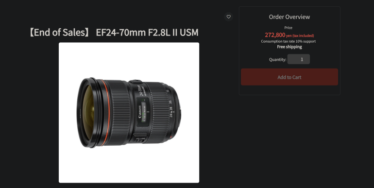 A camera lens EF24-70mm F2.8L II USM with an online order summary and price displayed.