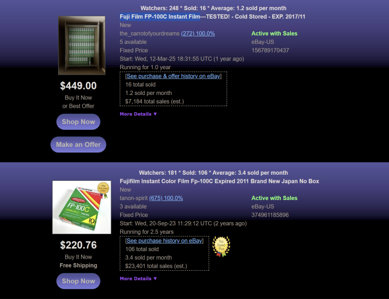 Screenshot of eBay listings for Fuji instant film, showing prices, item details, and purchase options.