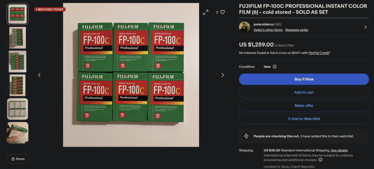Six boxes of Fujifilm FP-100C Professional Instant Color Film arranged in two rows on a white background.