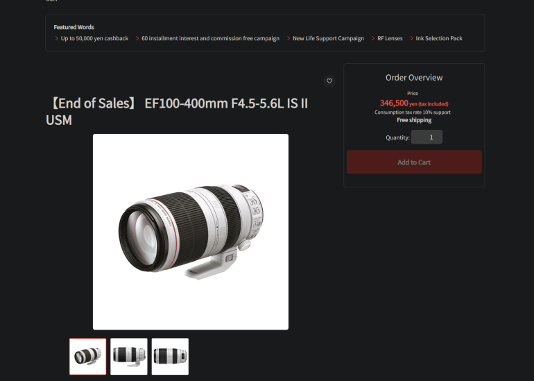 A white Canon EF 100-400mm camera lens is displayed with additional side and front view thumbnails.