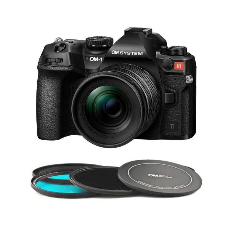 Black OM System camera with lens, shown above camera lens filters with cases on a white background.