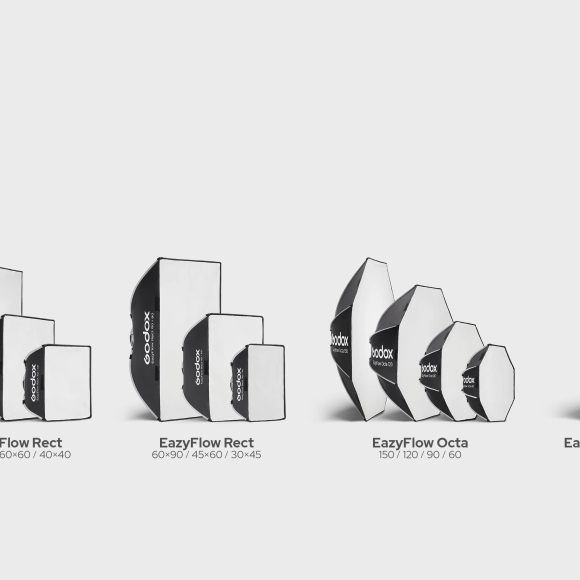 Four types of EazyFlow softboxes in rectangular and octagonal shapes, shown in various sizes on a white background.