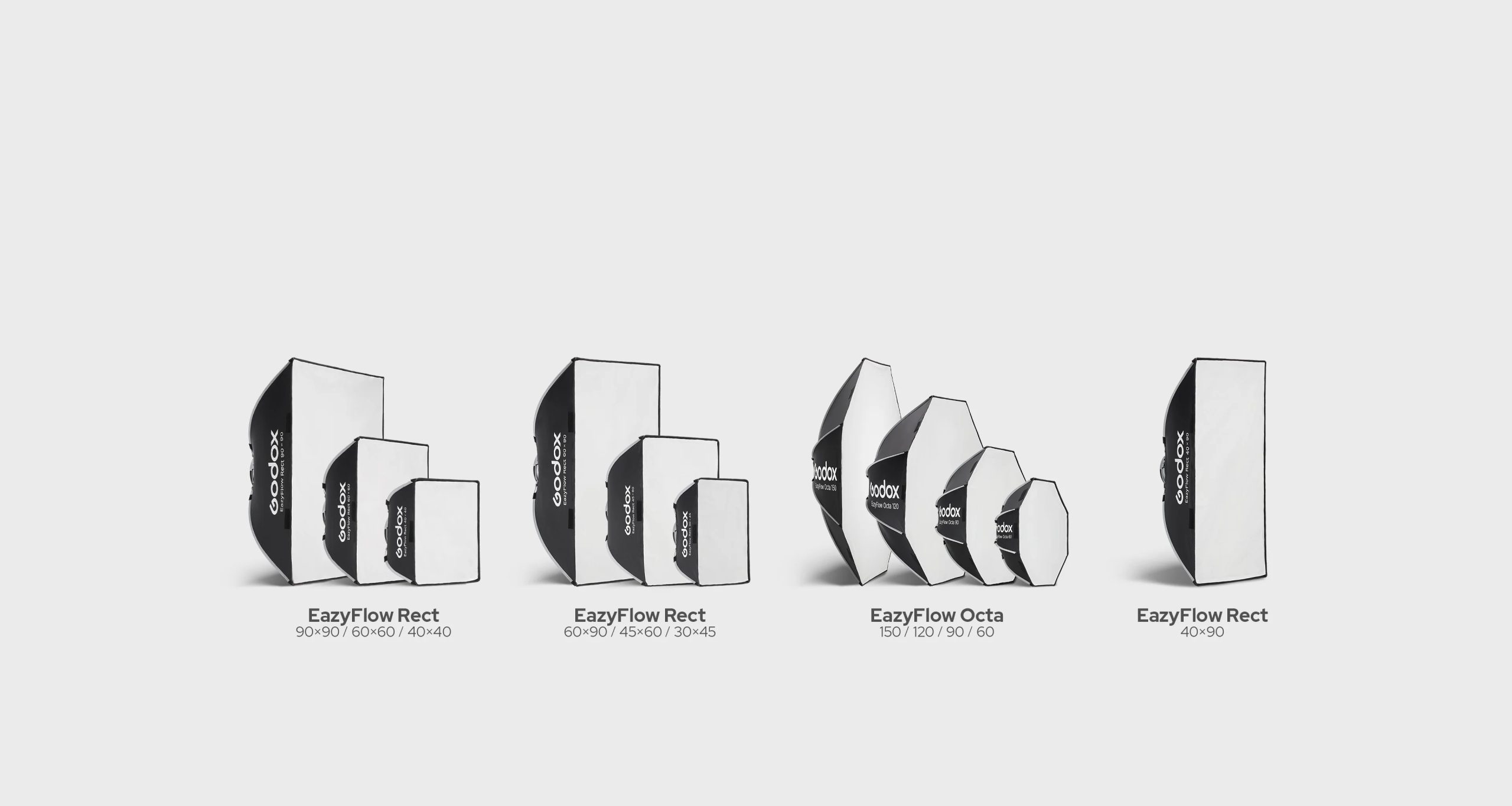 Four types of EazyFlow softboxes in rectangular and octagonal shapes, shown in various sizes on a white background.