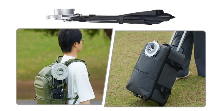 A compact umbrella clipped to a backpack and a suitcase, shown folded and in use outdoors.