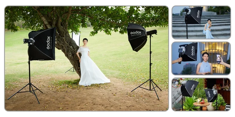Four scenes show a woman being photographed outdoors and indoors with professional studio lighting equipment.