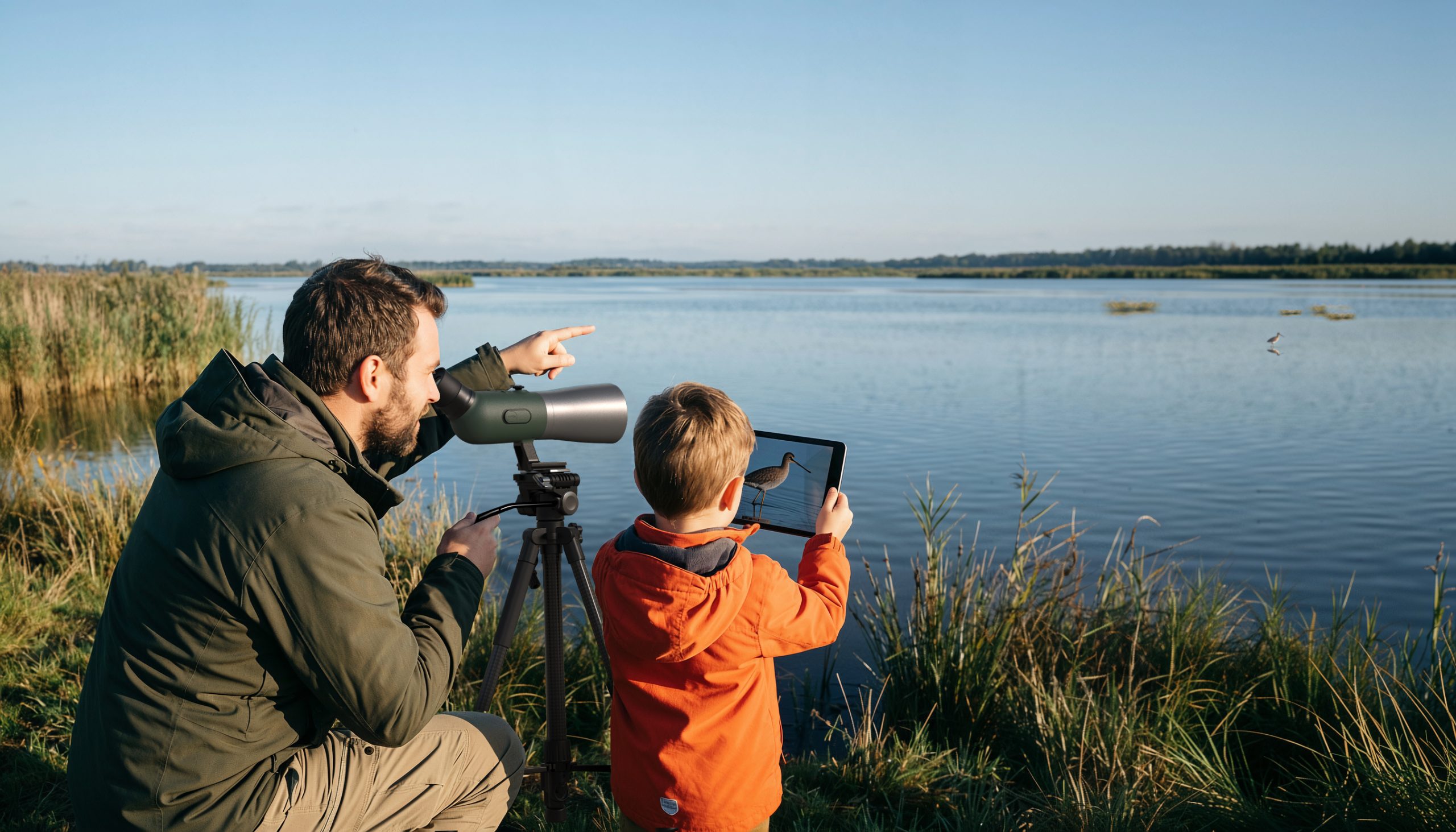 An adult and child birdwatch by a lake; the adult points while the child holds a tablet.