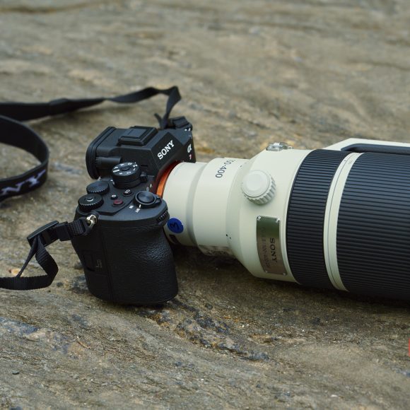 A Sony camera with a large telephoto lens rests on a textured stone surface; red logo at bottom right.