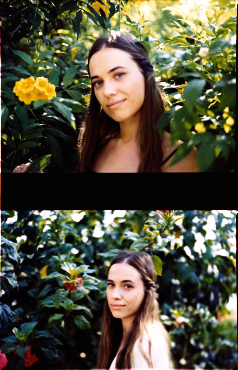 Two portraits of a woman with long brown hair surrounded by green plants and yellow flowers outdoors.