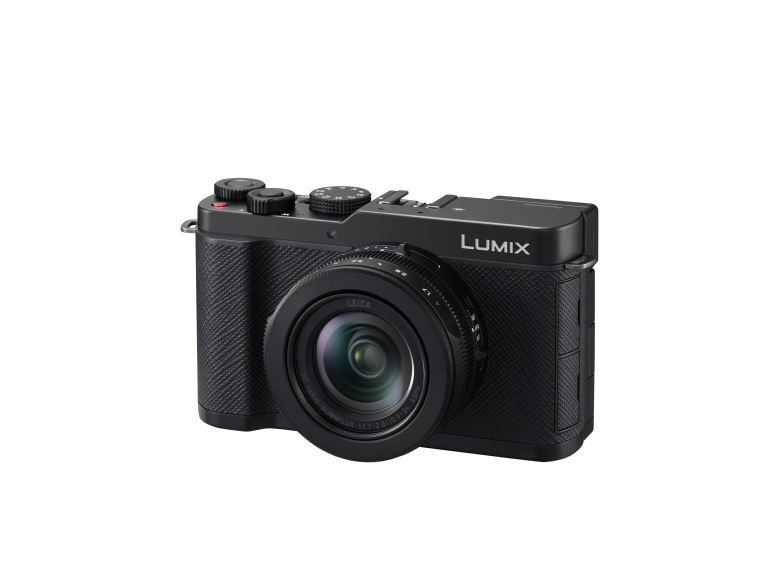 A black Panasonic Lumix digital camera with a Leica lens on a plain white background.