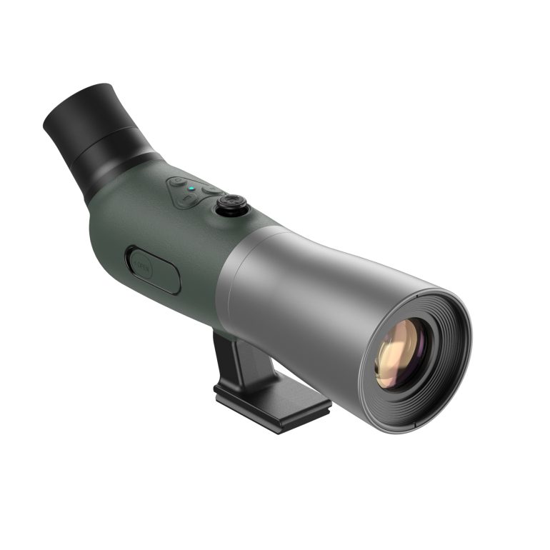 A green and black angled spotting scope with a large lens and a mounting bracket.