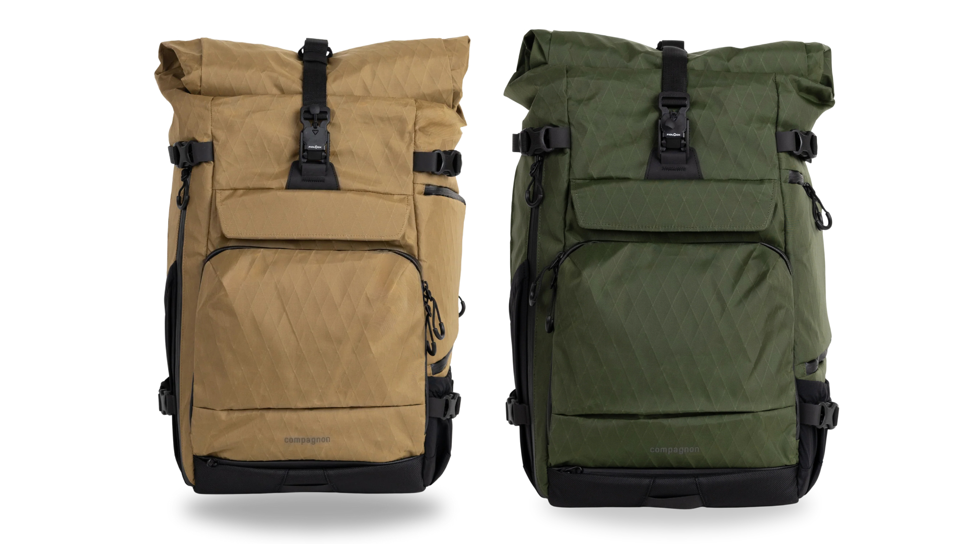 Two roll-top backpacks, one tan and one green, with front pockets and black buckles, standing side by side.