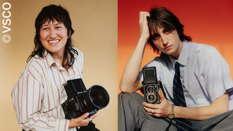 Two people holding cameras; one smiles in a striped shirt, the other poses seriously in a tie against colored backgrounds.