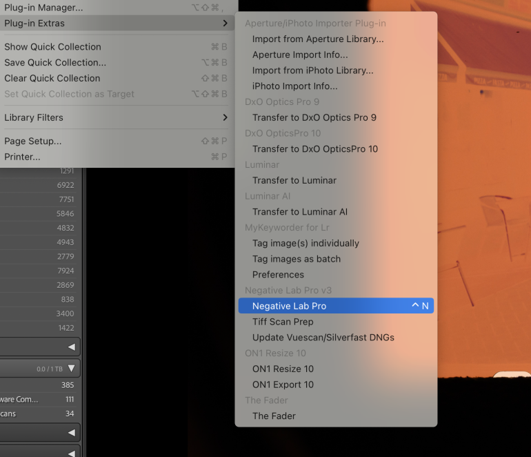 A computer screen shows a dropdown menu with Negative Lab Pro highlighted in editing software.