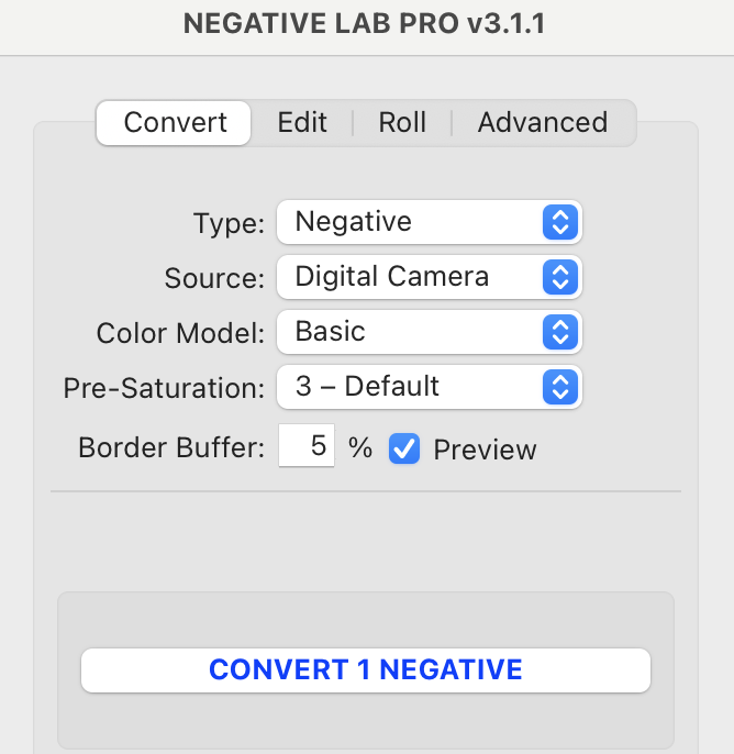 Screenshot of the Negative Lab Pro v3.1.1 interface with conversion settings for digital camera negatives.