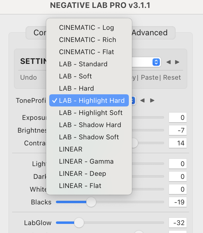 A dropdown menu shows tone profiles in Negative Lab Pro, with LAB – Highlight Hard selected.
