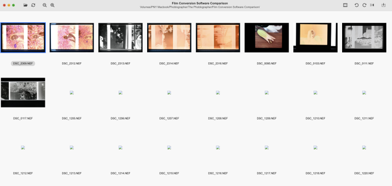 A computer screen displays a grid of film photo thumbnails and several broken image icons in a software window.