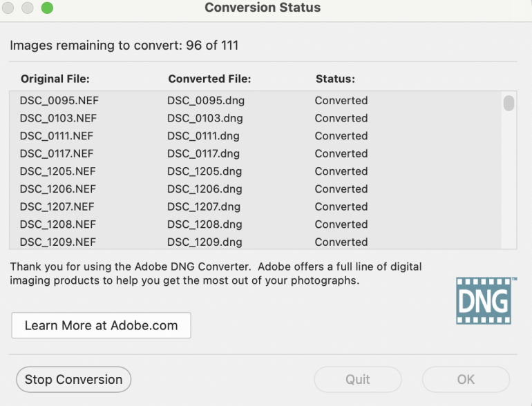 Screenshot of Adobe DNG Converter showing a list of converted image files and conversion progress.