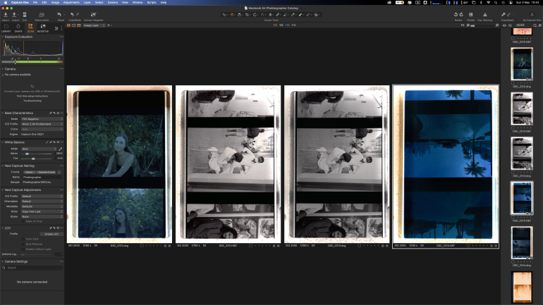 A computer screen displays film negatives and image adjustment panels in photo editing software.