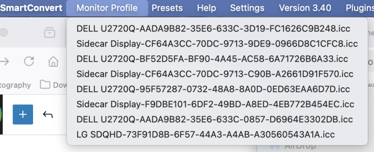 Dropdown menu showing a list of monitor and sidecar display ICC profiles on a computer screen.