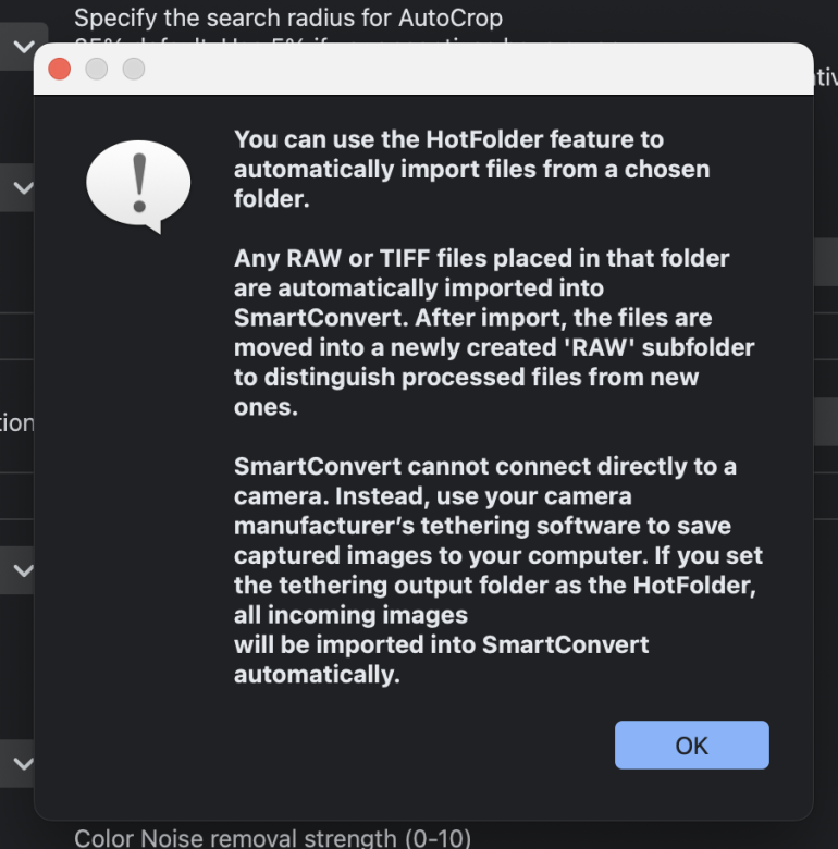 A pop-up window explains how the HotFolder feature imports RAW or TIFF files into SmartConvert automatically.