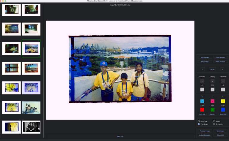 Screenshot of photo editing software with a family photo being edited, toolbar and thumbnails visible.