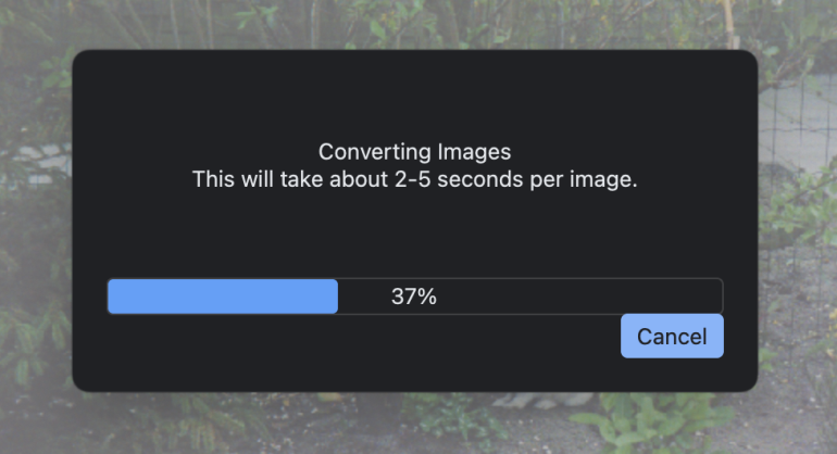 Pop-up window showing Converting Images progress at 37%, with a blue progress bar and a Cancel button.