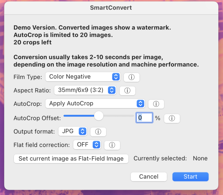 SmartConvert window with image conversion settings and options to start, cancel, or set a flat-field image.