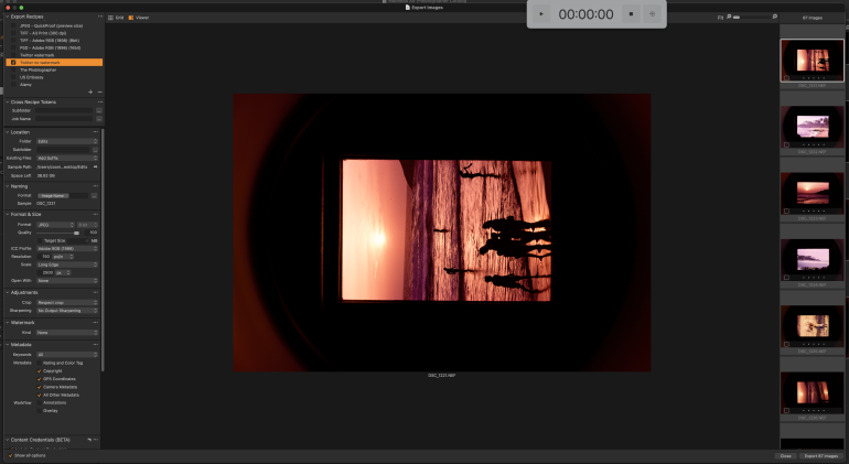 Computer screen showing an image editor with a photo of people at the beach during sunset.