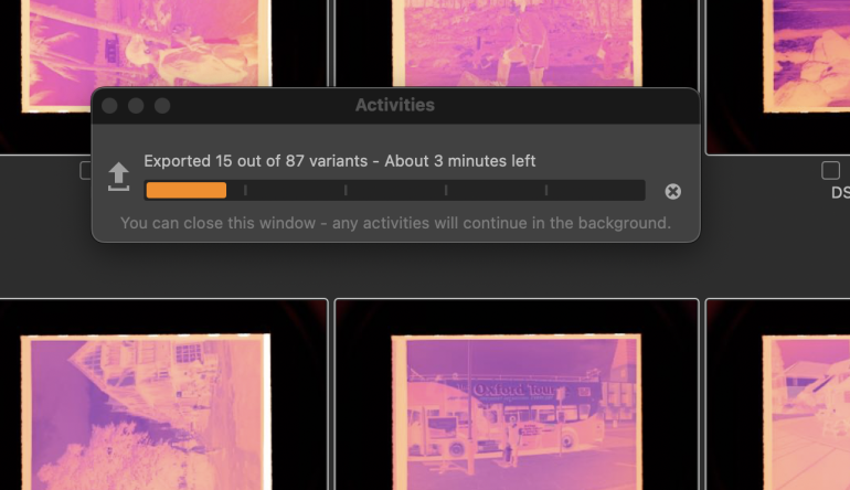 A progress window shows 15 of 87 variants exported, with film negatives visible in the background.