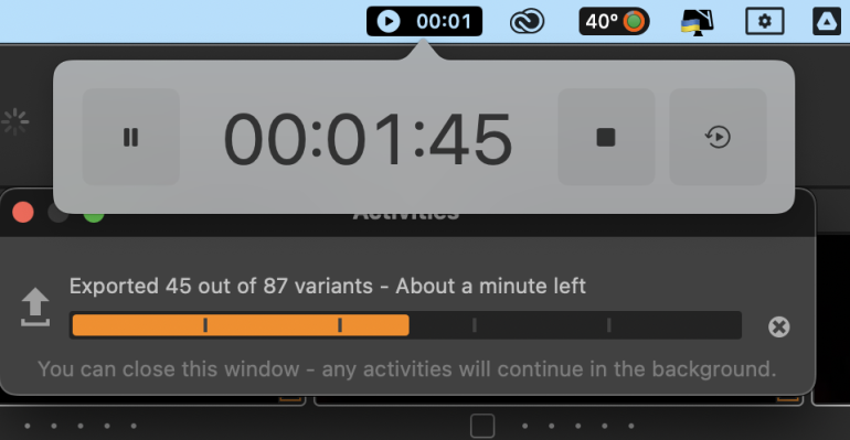 Timer at 1 minute 45 seconds; export progress bar shows 45 of 87 variants with about a minute left.