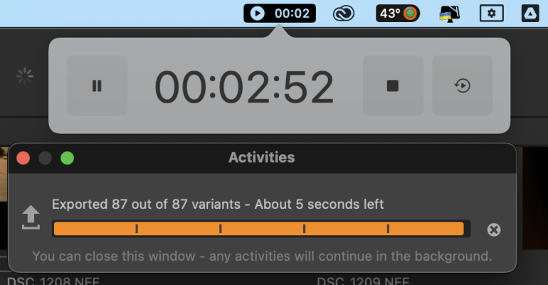 A screen shows a timer at 2:52 and a progress bar exporting 87 of 87 variants with 5 seconds remaining.
