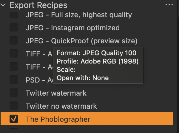 Screenshot of export recipes menu with The Phoblographer option checked and settings tooltip visible.