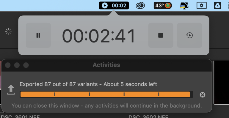 Screen shows a timer at 2:41 and an export progress bar with 5 seconds left for 87 out of 87 variants.