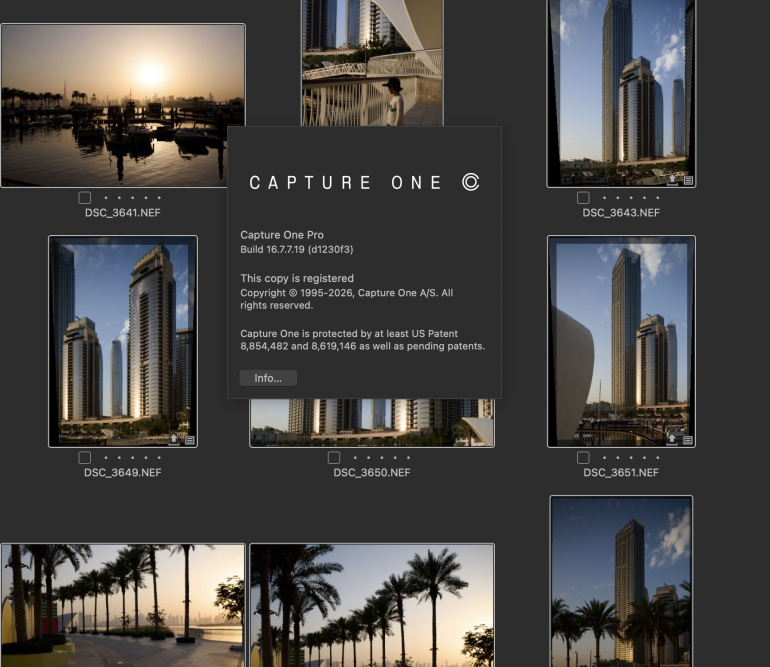 Photo editing software overlaid on a gallery of cityscape and waterfront sunset images with tall buildings.