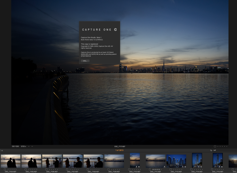 Photo editing software open on a computer, showing a city skyline at dusk across a calm body of water.