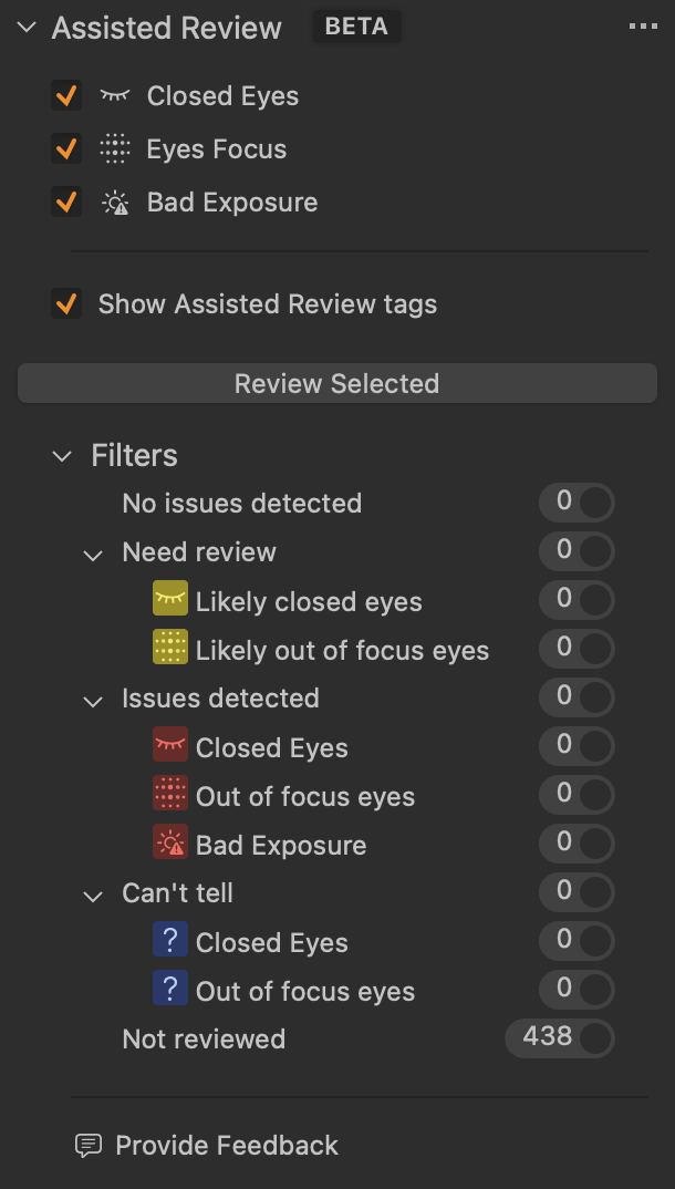 Screenshot of an Assisted Review panel showing review tags, filters, and counts for photo issues and status.