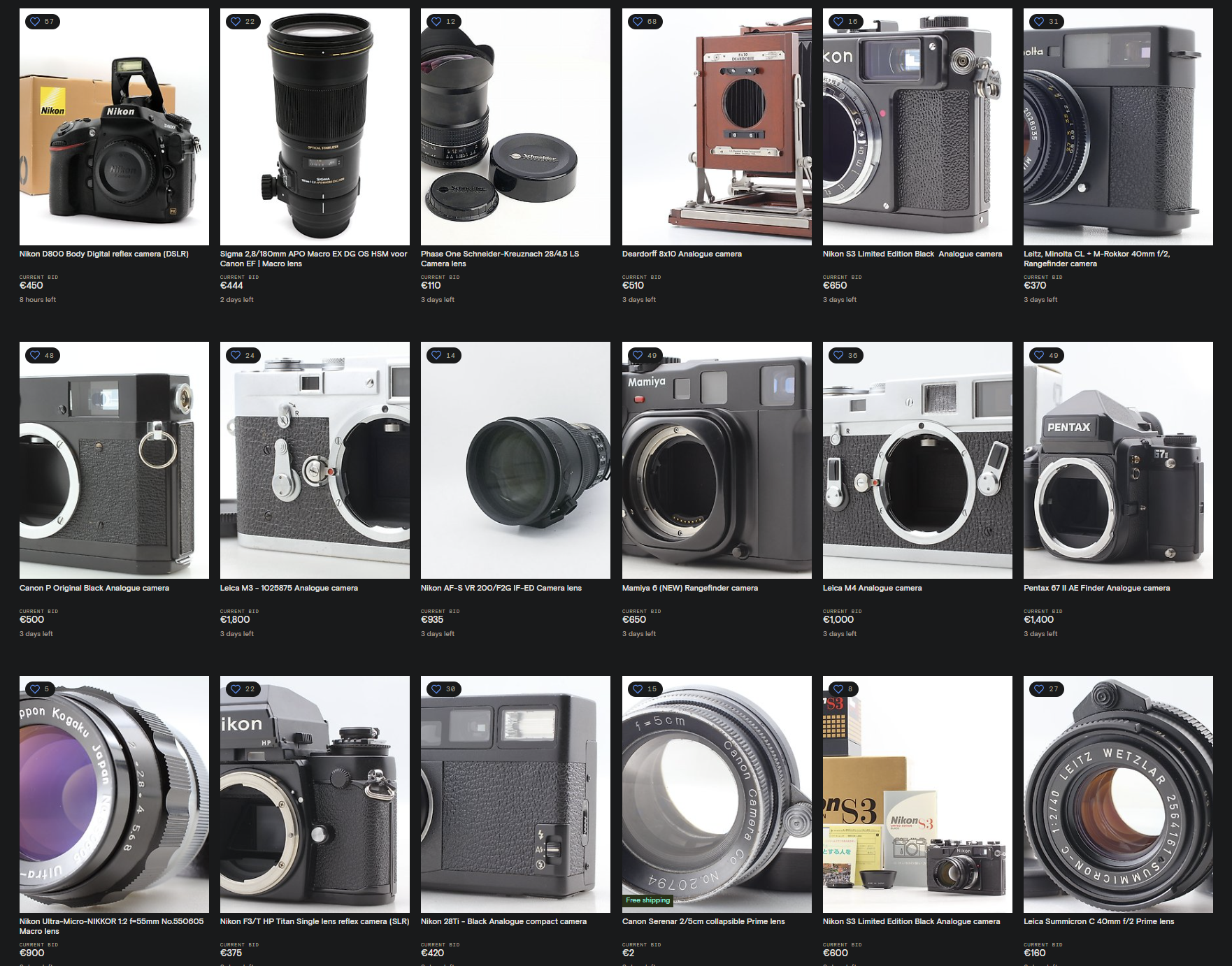 The European eBay Alternative Holds Some Great Cameras Grid of 16 vintage and modern cameras and lenses displayed with prices and descriptions on a black background.