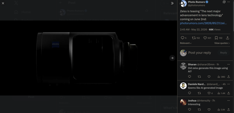 A dark, shadowy camera with a Zeiss logo is partially visible against a black background.