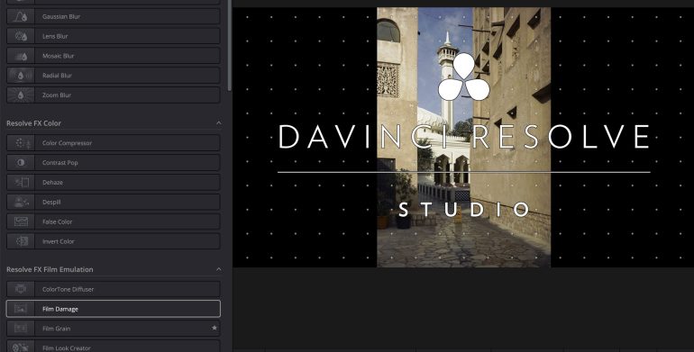 A photo editing software screen with an old street image and the text DAVING RESOLVE STUDIO displayed.