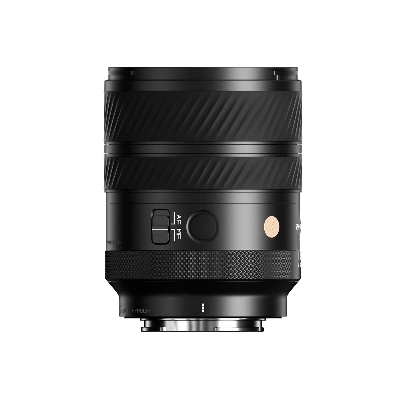 A black camera lens with textured grip and switches, standing upright on a white background.
