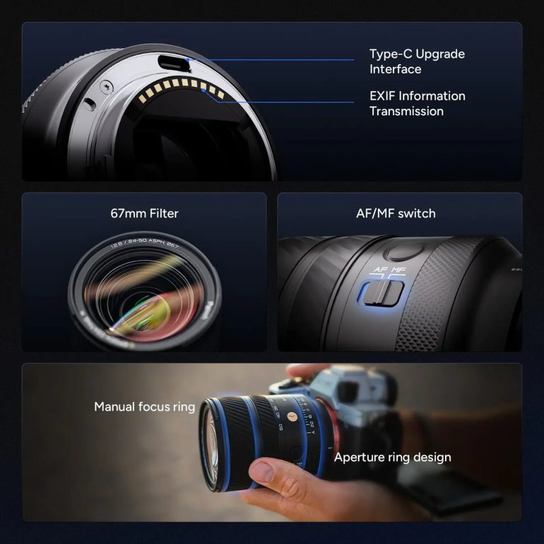 Four close-up shots show features of a camera lens, including ports, switches, rings, and a 67mm filter.