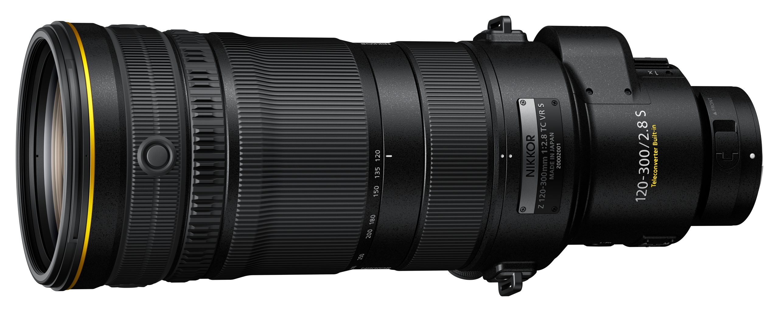 Large black Nikon camera lens with yellow accent, labeled NIKKOR Z 120-300mm f/2.8 S, viewed from the side.