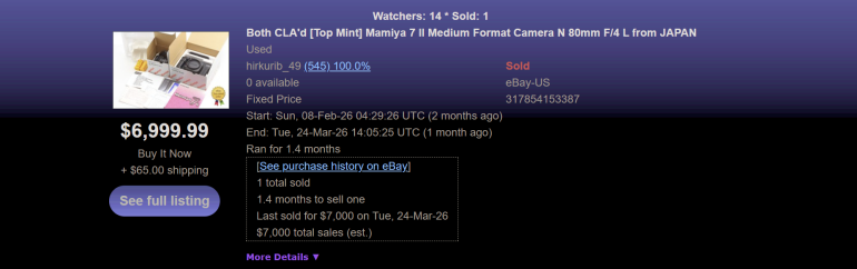 Screenshot of a sold listing for a Mamiya 7 II camera, priced at $6,999.99 plus $65 shipping on eBay.