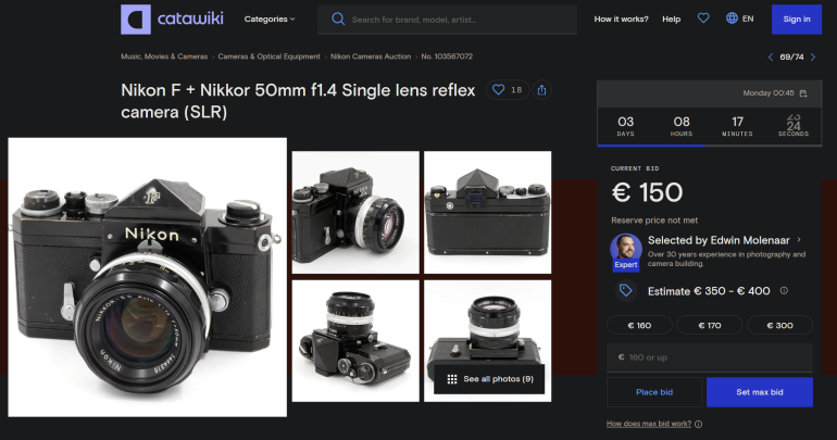 Five angles of a vintage Nikon F SLR camera with a 50mm f/1.4 Nikkor lens on an online auction page.