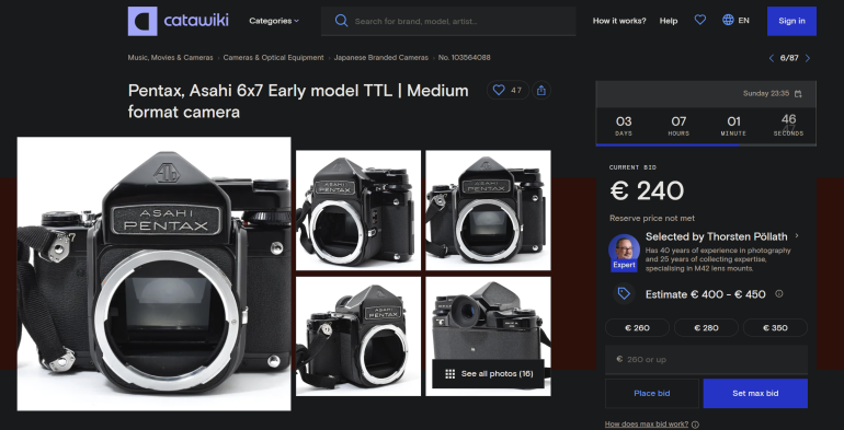 Collage of an Asahi Pentax 6x7 film camera body shown from various angles on an online auction page.
