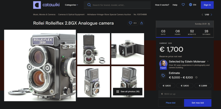 A vintage Rollei Rolleiflex 2.8GX analogue camera shown from multiple angles on an online auction page.